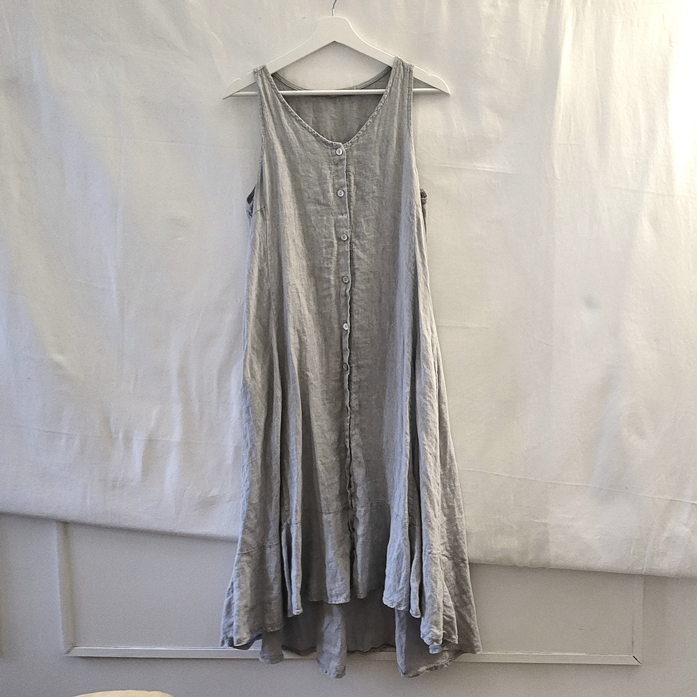 100% Linen Italian Light Gray Button-Front Pockets Midi